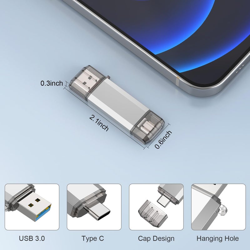 RAOYI 128GB USB C Flash Drive, 2 in 1 USB 3.0 Type C Dual OTG Metal Thumb Drive Jump Drive Memory Stick with Keychain Suitable for USB-C Smartphones, MacBook, Computers and Tablets (Silver) - Image 2